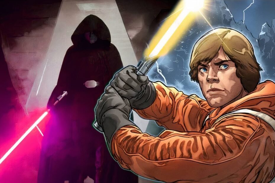 Luke Skywalker enfrenta seu maior teste com seu sabre de luz amarelo - dominando o lado sombrio.