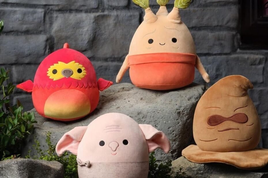 "Novos Squishmallows de Harry Potter: Dobby, Chapéu Seletor, Fawkes e Mandrágora"